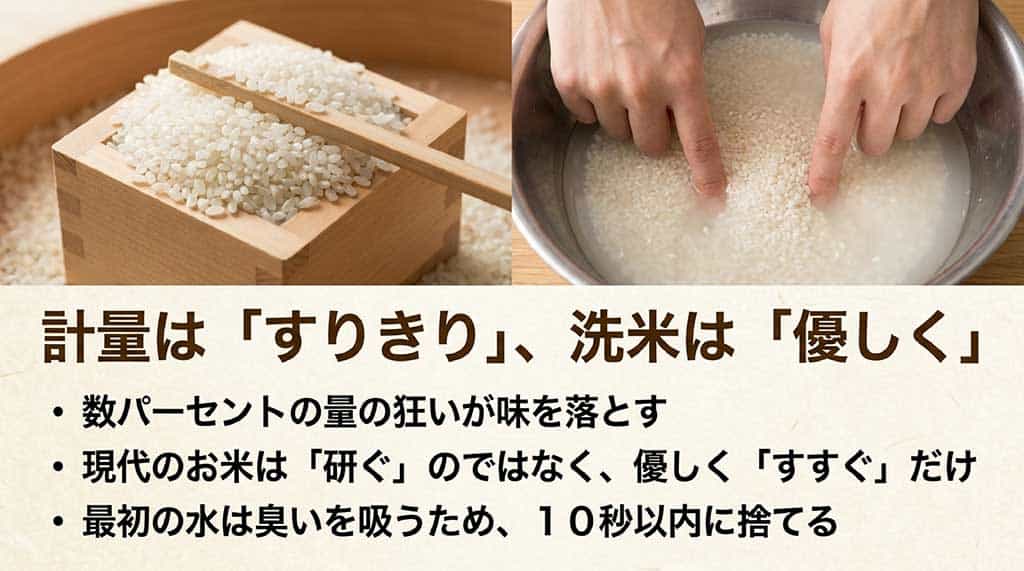 お米を正確に「すりきり」で計量し、10秒以内に最初の水を捨てる「優しくすすぐ」洗米のコツ