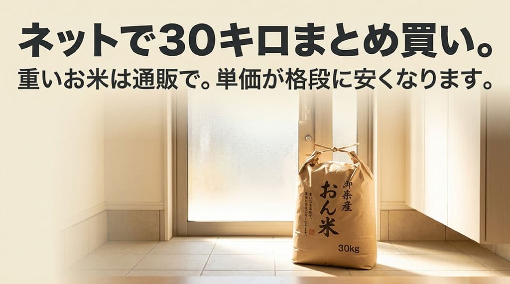 ネットで30キロまとめ買い。重いお米は通販で。単価が格段に安くなります。