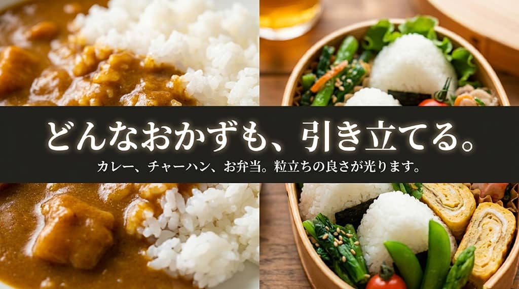 どんなおかずも、引き立てる。カレー、チャーハン、お弁当。粒立ちの良さが光ります。