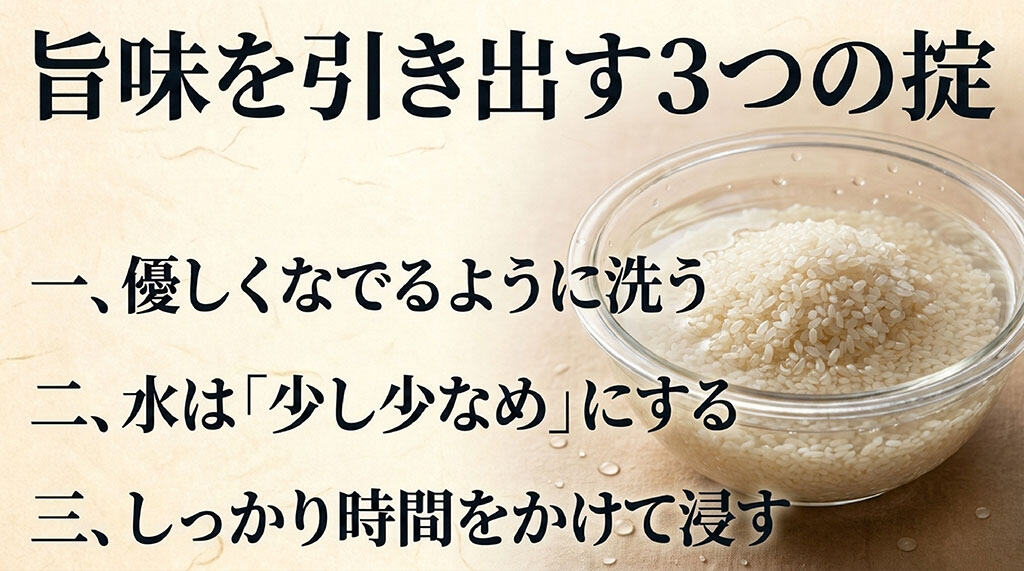 旨味を引き出す3つの掟。一、優しくなでるように洗う 二、水は「少し少なめ」にする 三、しっかり時間をかけて浸す