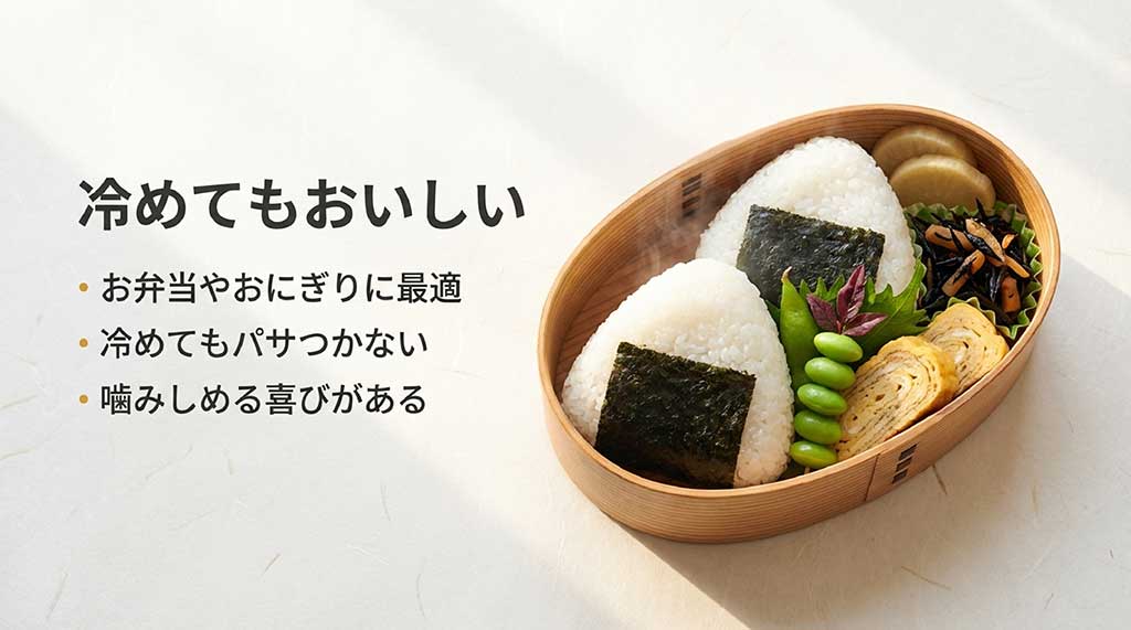 あいちのかおりが冷めてもパサつかず、お弁当やおにぎりでも美味しく食べられるメリットをまとめたスライド