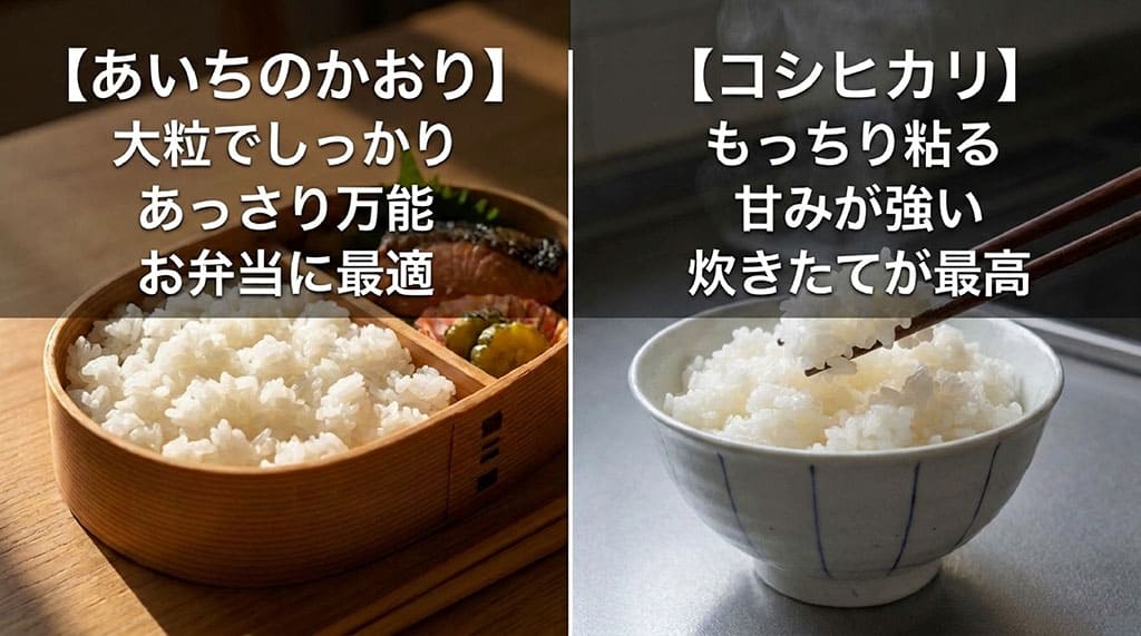 あいちのかおりは大粒であっさり万能、コシヒカリはもっちり粘り甘みが強い。