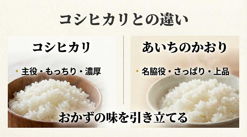 もっちり濃厚な主役級のコシヒカリに対し、あいちのかおりはさっぱり上品でおかずを引き立てる名脇役であることを示す比較図