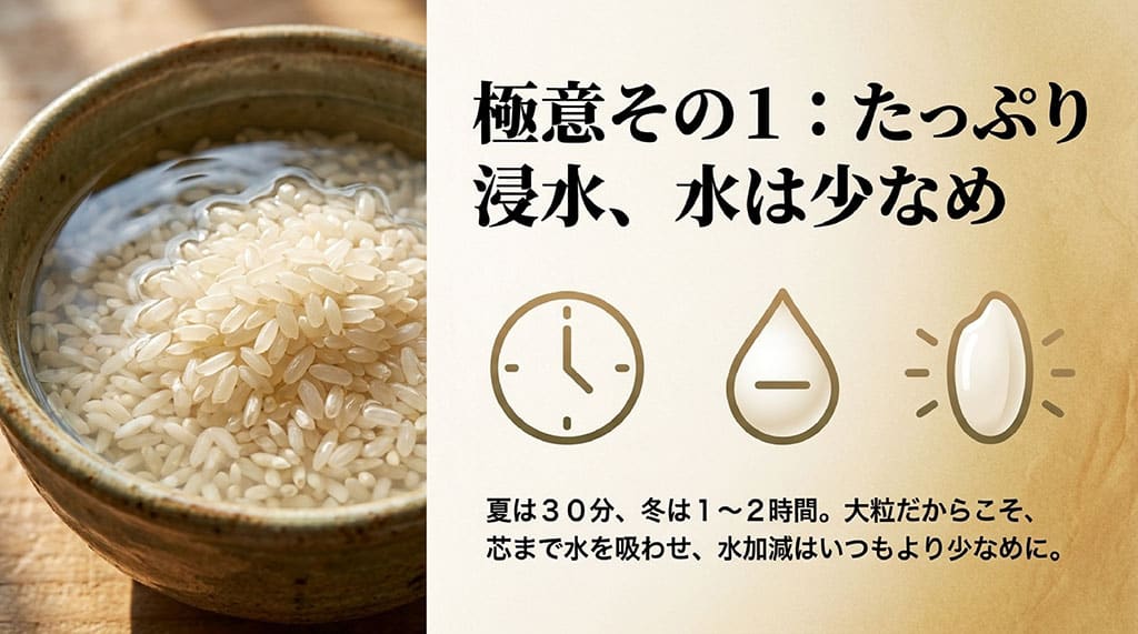 あけぼのを美味しく炊くための浸水時間(夏30分・冬1〜2時間)と水加減の極意