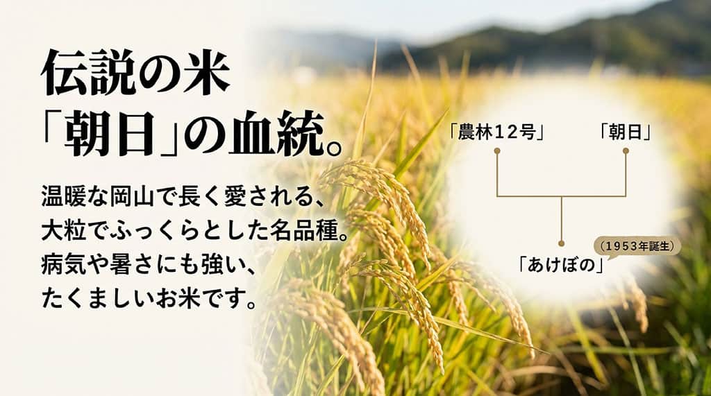 農林12号と朝日を親に持つあけぼのの家系図と特徴を説明したスライド