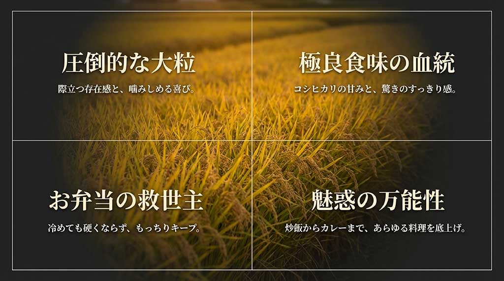 秋の詩の特徴である「圧倒的な大粒」「コシヒカリの血統」「冷めても美味しい」「料理への万能性」をまとめたスライド