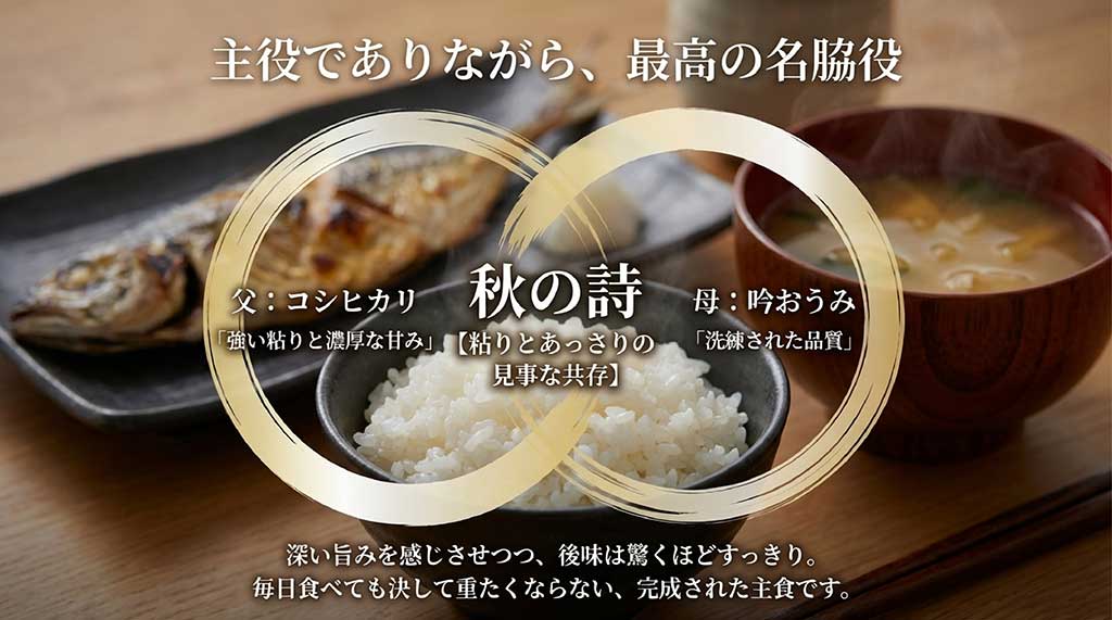 母「吟おうみ」と父「コシヒカリ」から生まれた秋の詩のルーツと、粘りとあっさりが共存する味の特性の解説