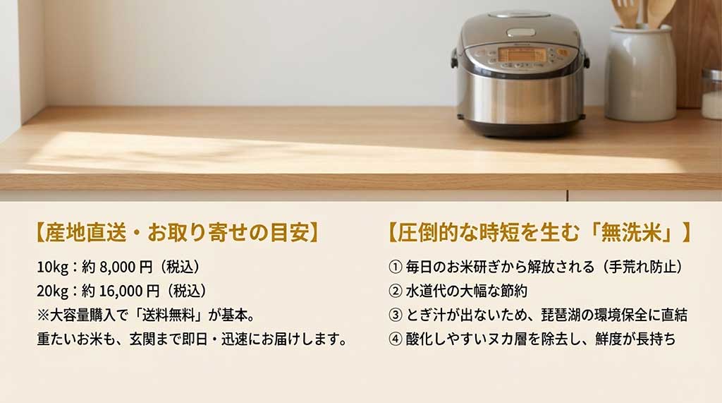 10kg・20kgの価格目安と、家事時短や環境保全に繋がる無洗米の4つのメリットをまとめたスライド