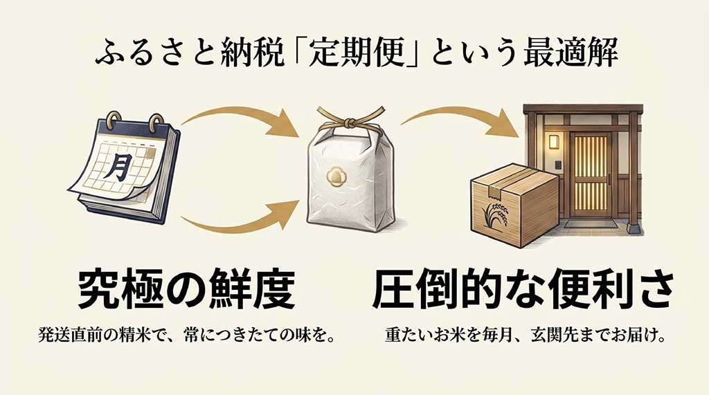 発送直前の精米で鮮度を保ち、重いお米を毎月玄関まで届けるあきほなみのふるさと納税定期便の仕組み