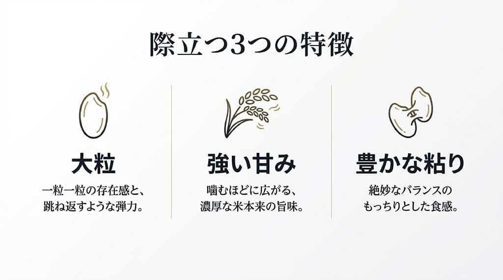 大粒で跳ね返すような弾力、強い甘み、もっちりとした豊かな粘りが特徴のあきほなみの解説