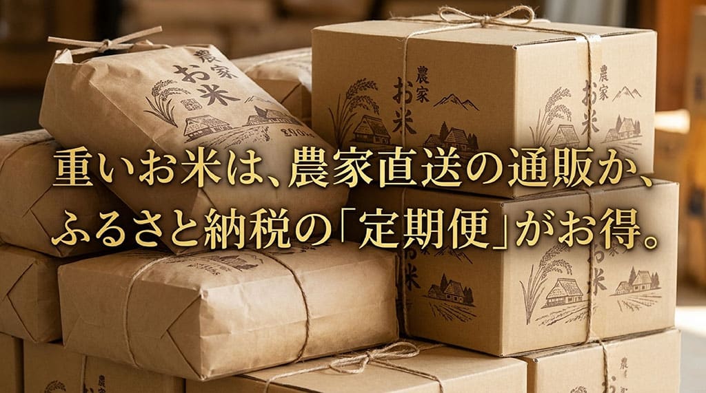 重いお米を購入する際は、農家直送の通販かふるさと納税の「定期便」がお得だという案内