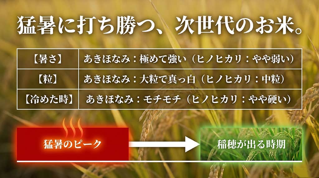 猛暑に極めて強く、大粒で冷めてもモチモチとした「あきほなみ」と「ヒノヒカリ」の特徴比較