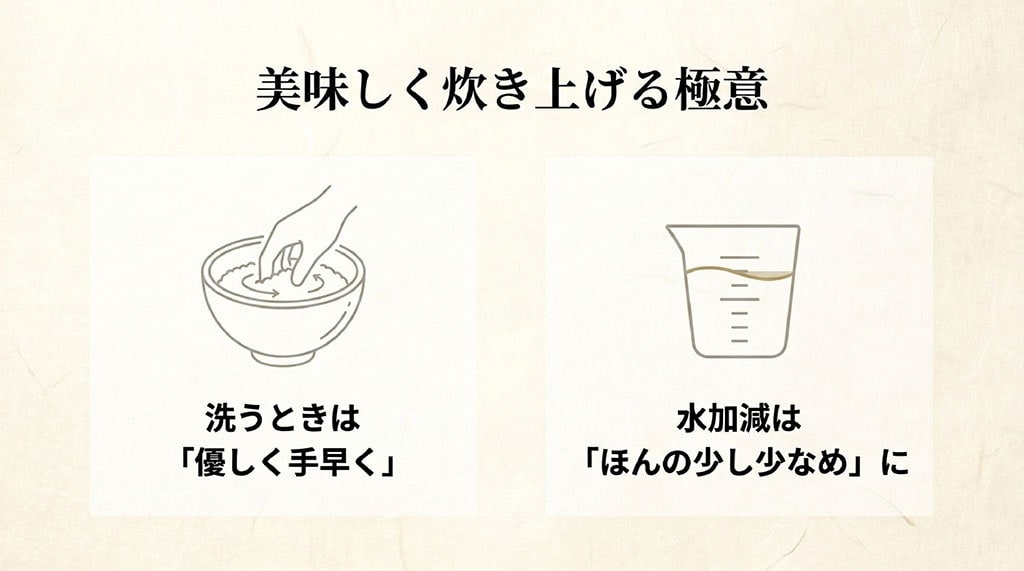 秋の詩を美味しく炊き上げる極意を解説。洗うときは優しく手早く、水加減はほんの少し少なめにするのがポイント。
