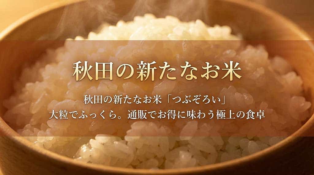 秋田米「つぶぞろい」の紹介スライド。大粒でふっくらした食感が特徴で、通販でお得に味わえることを伝えるアイキャッチ画像