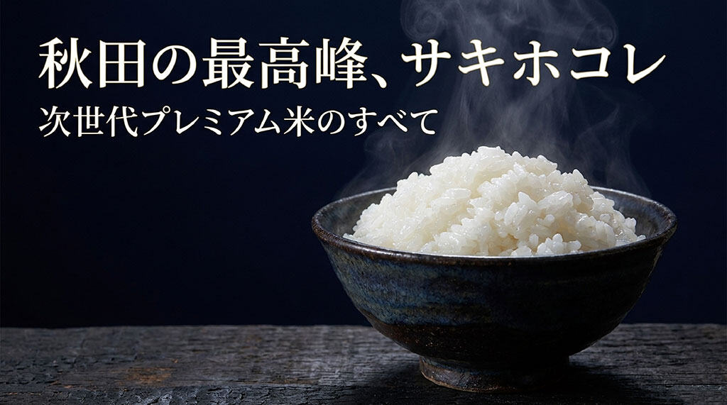秋田米の最高峰ブランド「サキホコレ」の特徴や通販お取り寄せ情報を解説するスライド資料の表紙画像。