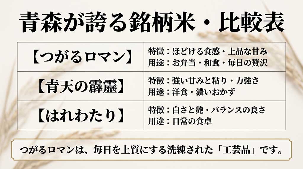 つがるロマン、青天の霹靂、はれわたりの特徴と用途をまとめた青森銘柄米比較表