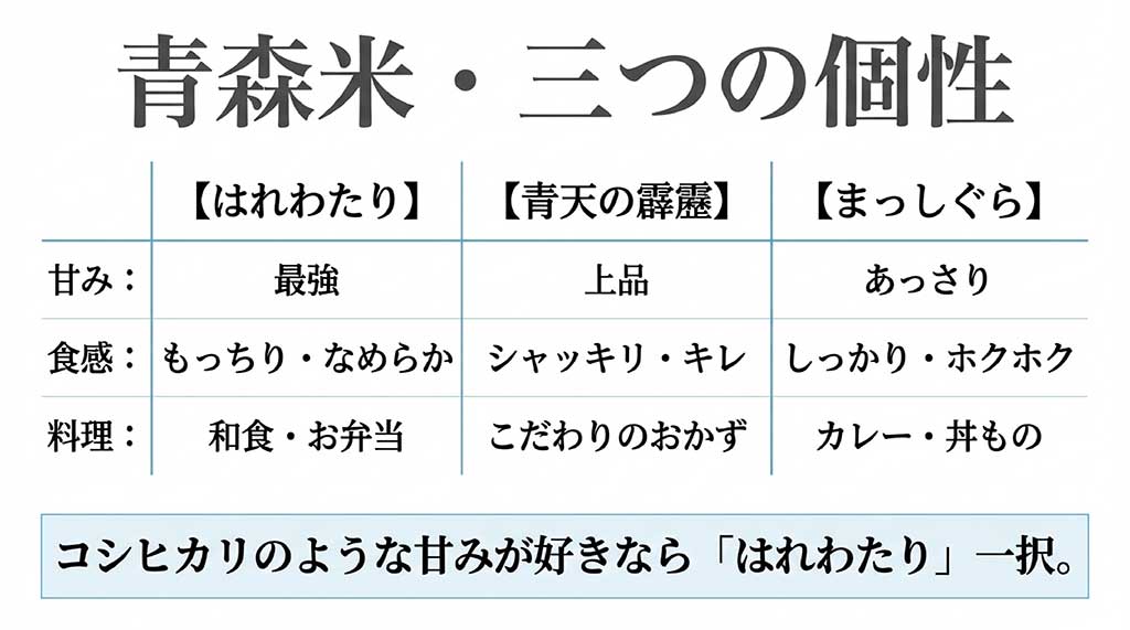 はれわたり、青天の霹靂、まっしぐらの甘み・食感・適した料理の比較表