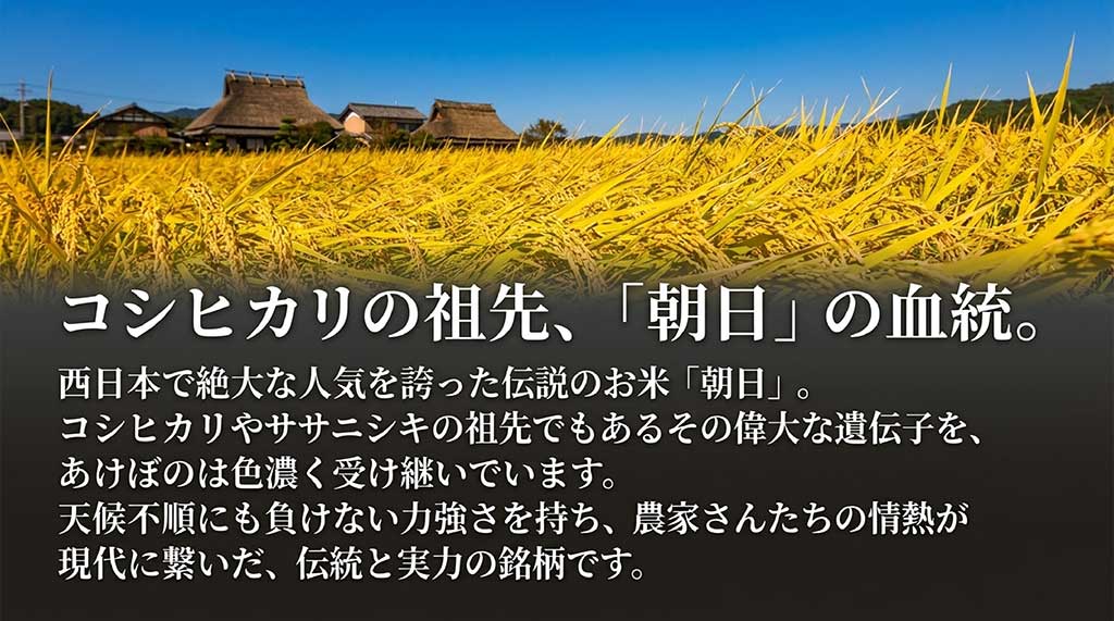 西日本で伝説の人気を誇り、コシヒカリやササニシキの祖先でもある「朝日」の偉大な遺伝子を色濃く受け継ぐ伝統と実力の銘柄「あけぼの」を紹介するスライド。