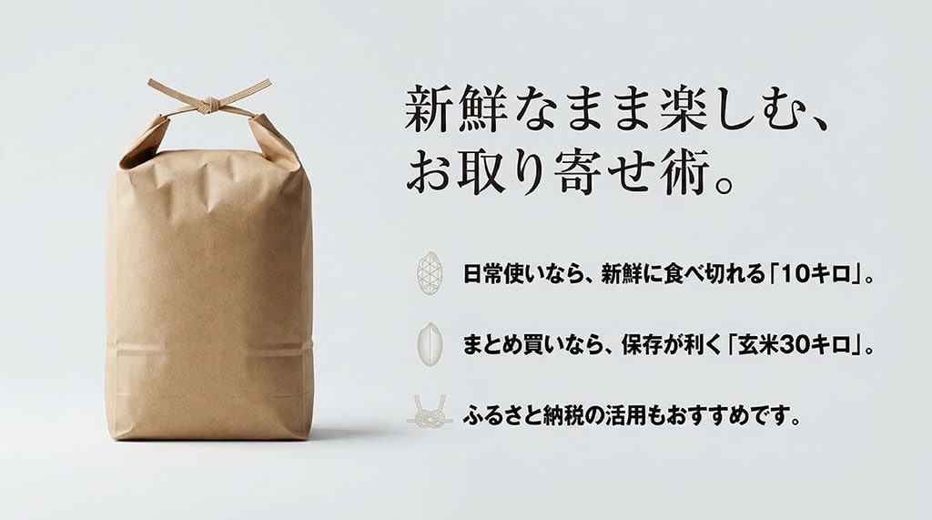新鮮なまま楽しむ、お取り寄せ術。日常使いなら、新鮮に食べ切れる「10キロ」。まとめ買いなら、保存が利く「玄米30キロ」。ふるさと納税の活用もおすすめです。