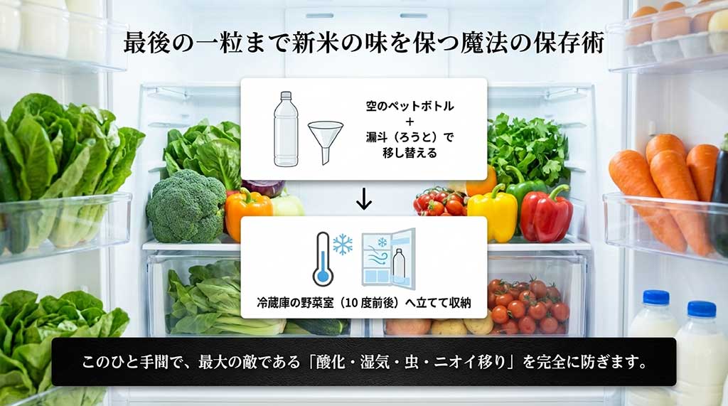 ペットボトルに移し替えて冷蔵庫の野菜室で保存することで、酸化や虫を防ぎ美味しさを保つ方法の図解