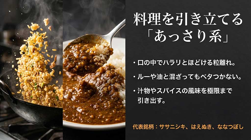 あっさり系のお米の特徴として、口の中でハラリとほどける粒離れ、ルーや油と混ざってもベタつかないこと、汁物やスパイスの風味を極限まで引き出すことを挙げ、代表銘柄としてササニシキ、はえぬき、ななつぼしを紹介しているスライド