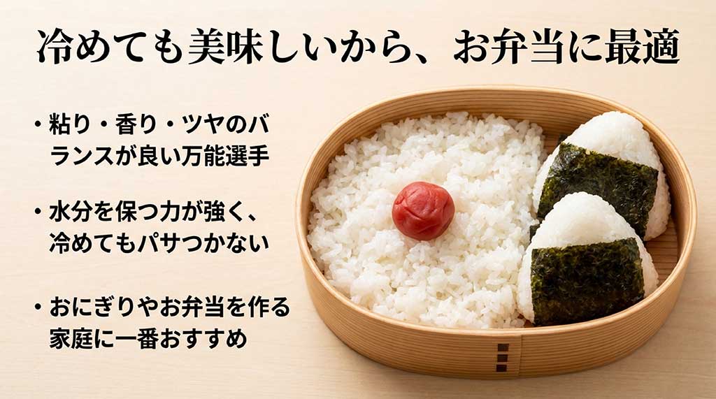 冷めても美味しく、粘り・香り・ツヤのバランスが良いあきたこまちの特徴