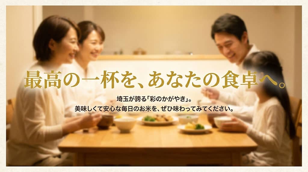 最高の一杯をあなたの食卓へ。埼玉が誇る「彩のかがやき」。美味しくて安心な毎日のお米をぜひ味わってみてください。