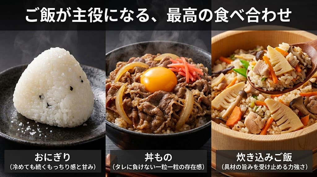 おにぎり、丼もの、炊き込みご飯など、はるみの甘みと粒立ちの良さが活きるおすすめの食べ合わせを紹介するスライド