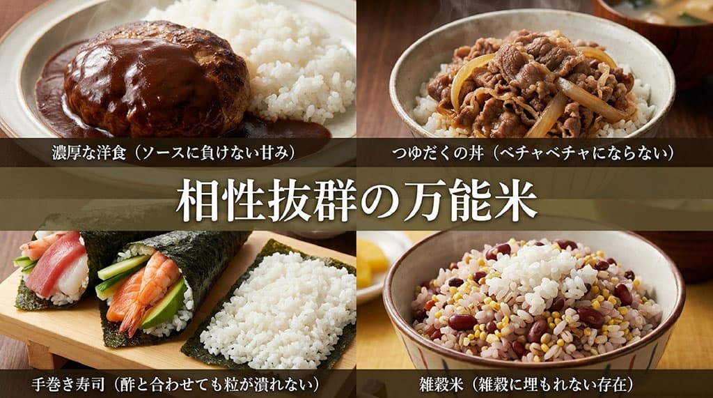 濃厚な洋食やつゆだくの丼、手巻き寿司など、つぶぞろいと相性抜群のおすすめ料理を紹介したスライド