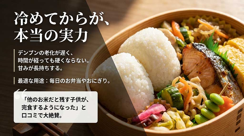 冷めても硬くなりにくく甘みが長持ちする特徴と、子供の完食エピソードを紹介する画像