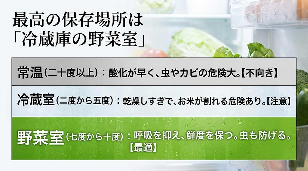 冷蔵庫の野菜室がお米の保存に最適である理由と常温・冷蔵室との比較