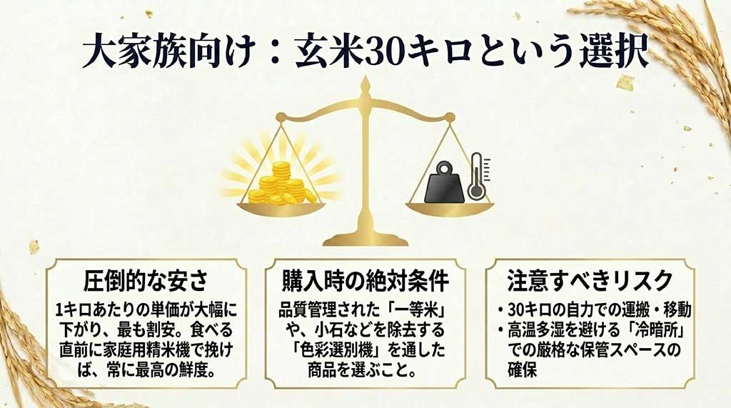 1キロ単価が安くなる玄米30キロ購入のメリットと、一等米の選び方、運搬や保管場所確保のリスクについての解説