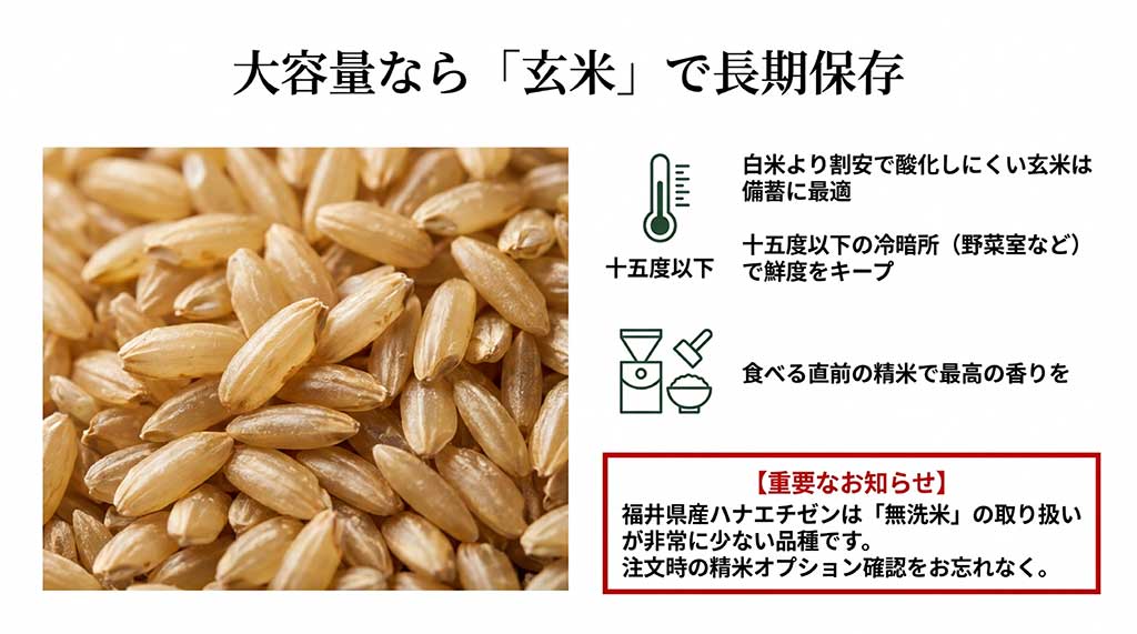 玄米を15度以下の冷暗所で保管するコツと、ハナエチゼンの無洗米取り扱いが少ない点への注意喚起