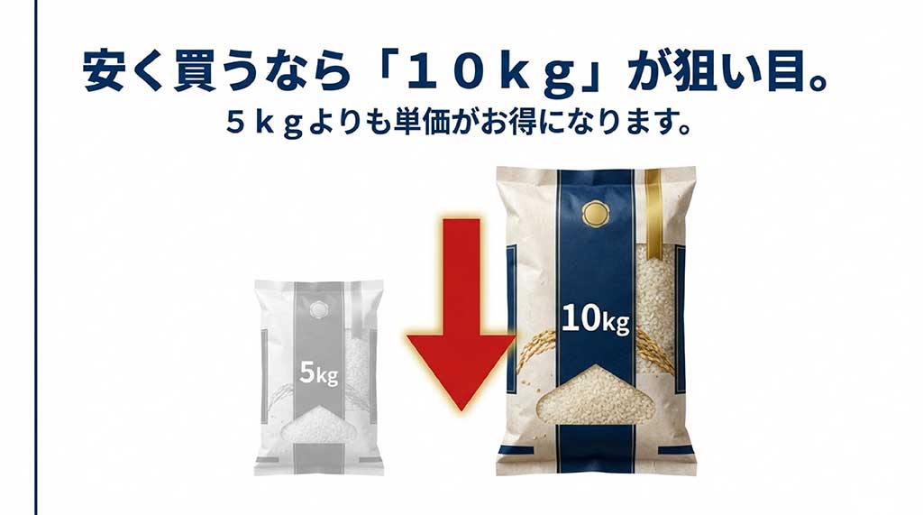 5kgサイズよりも10kgサイズで購入する方が、1kgあたりの単価がお得になることを示す図解