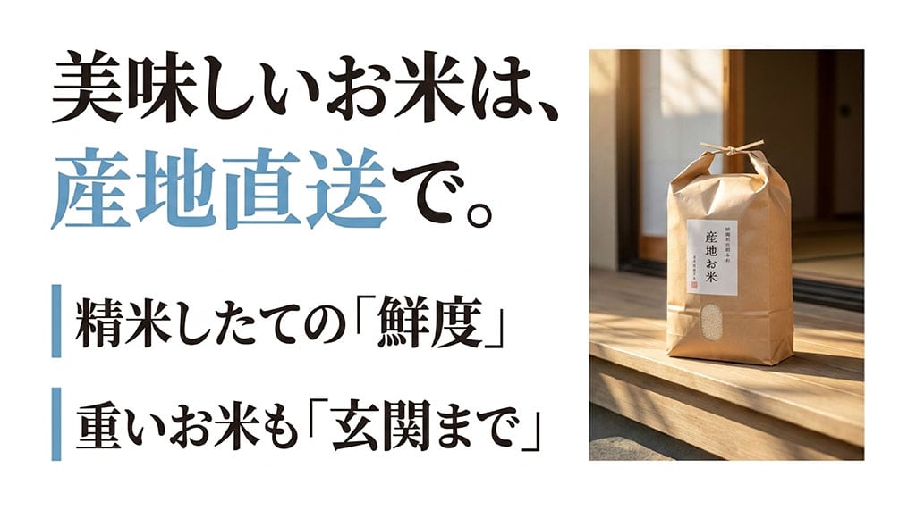 縁側に置かれたシンプルな米袋の写真とともに、ネット通販のメリットである「精米したての鮮度」と「重いお米も玄関まで届く便利さ」を説明するスライド画像。