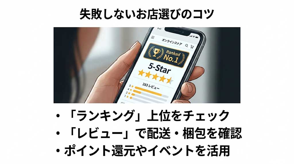 スマホで通販サイトのランキングやレビューを確認しているイラスト