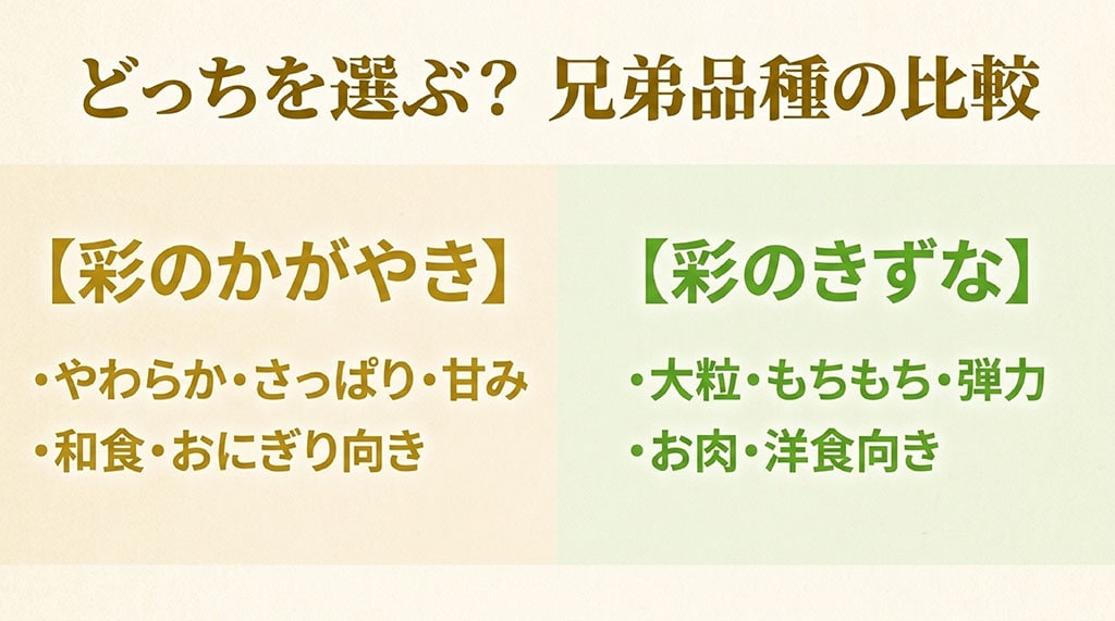 兄弟品種の比較。彩のかがやきはやわらか・さっぱり・甘みがあり和食やおにぎり向き。彩のきずなは大粒・もちもち・弾力がありお肉や洋食向き。