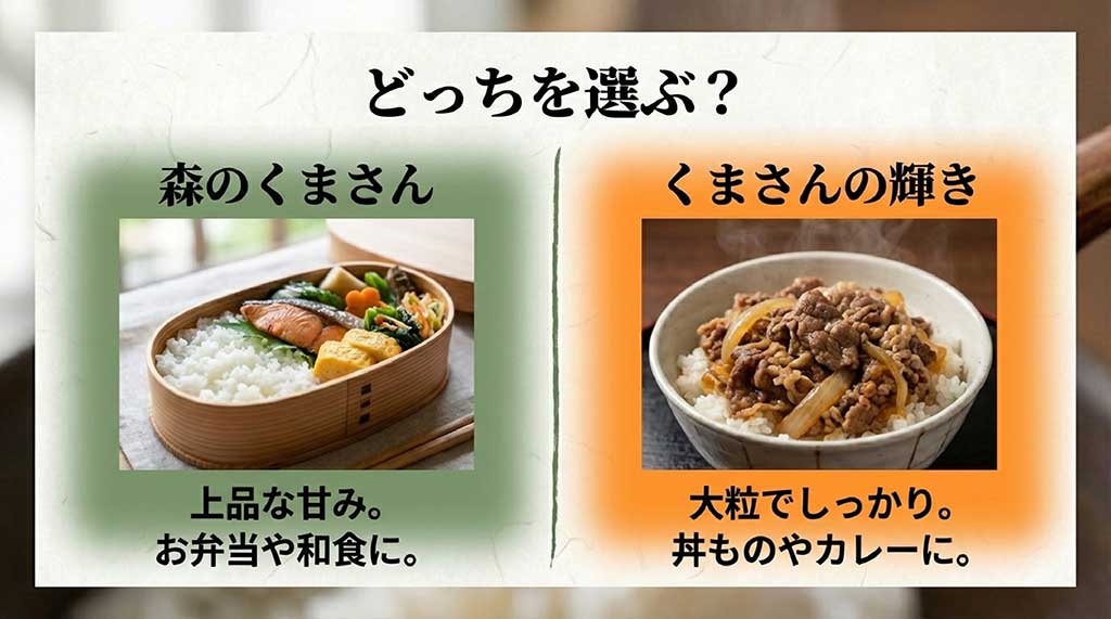 森のくまさん(上品な甘み・お弁当用)と、くまさんの輝き(大粒・丼ものカレー用)の用途に合わせた選び方の比較表