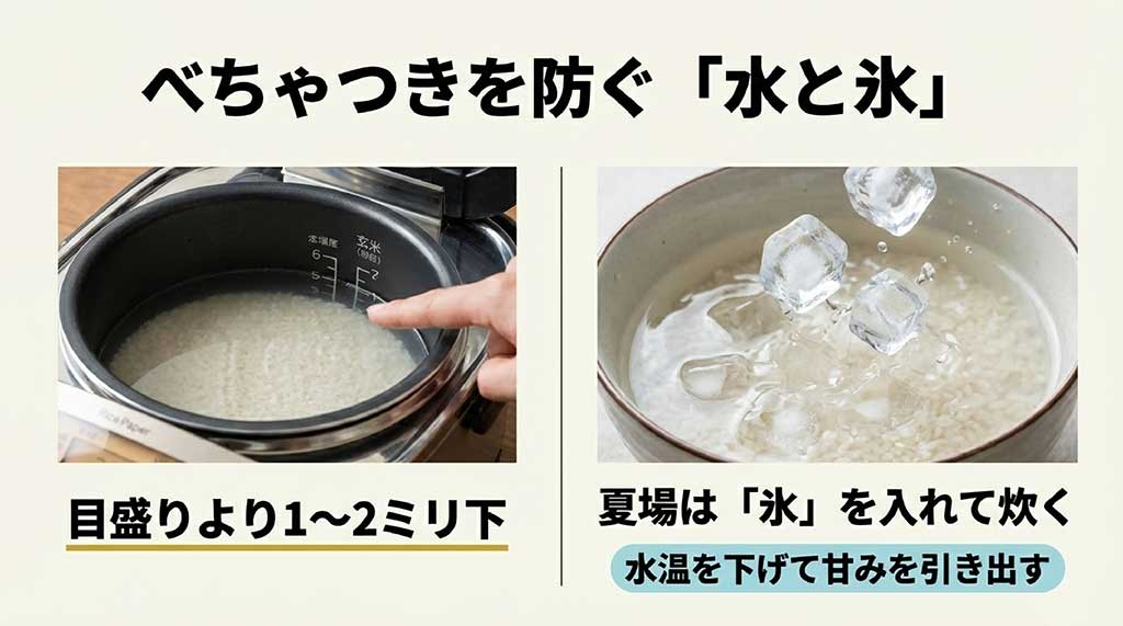 炊飯時のべちゃつきを防ぐ水加減と氷の活用術
