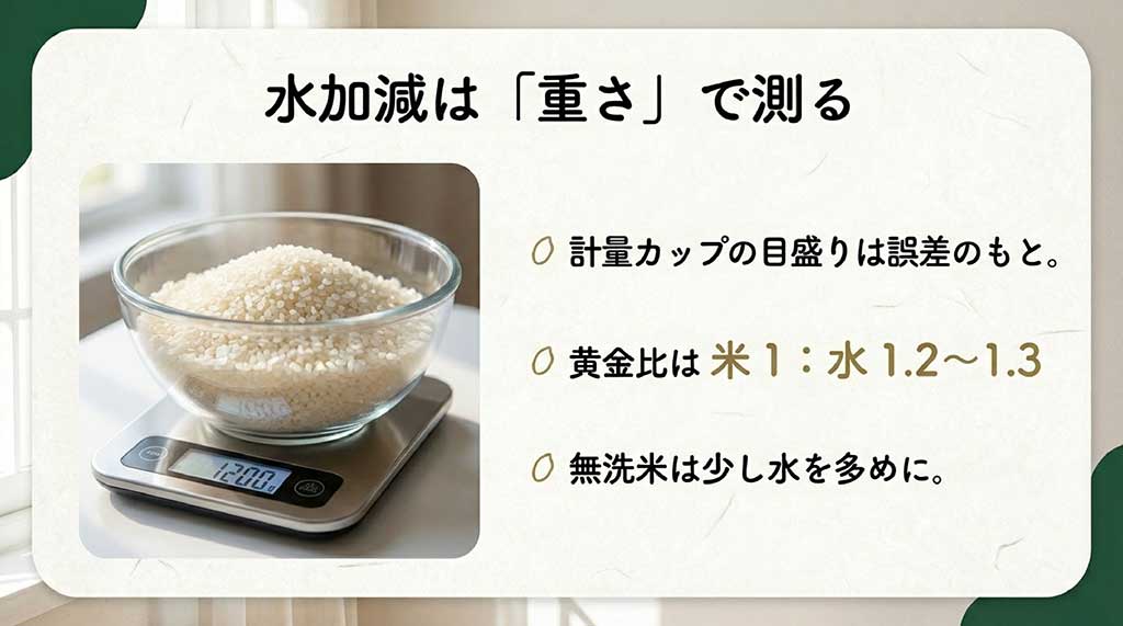 キッチンスケールで米の重さを測る様子。目盛りではなく重さで測る重要性と、米1に対し水1.2〜1.3の黄金比を提示
