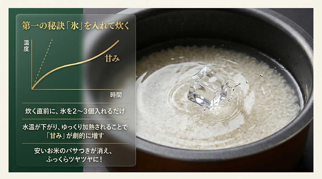 炊く直前に氷を入れることで水温を下げ、お米の甘みを劇的に引き出す方法