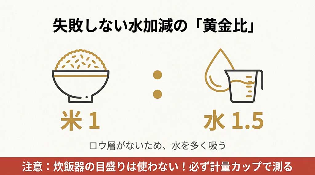 米1に対して水1.5の黄金比。炊飯器の目盛りを使わず、必ず計量カップで測ることを推奨するイラスト