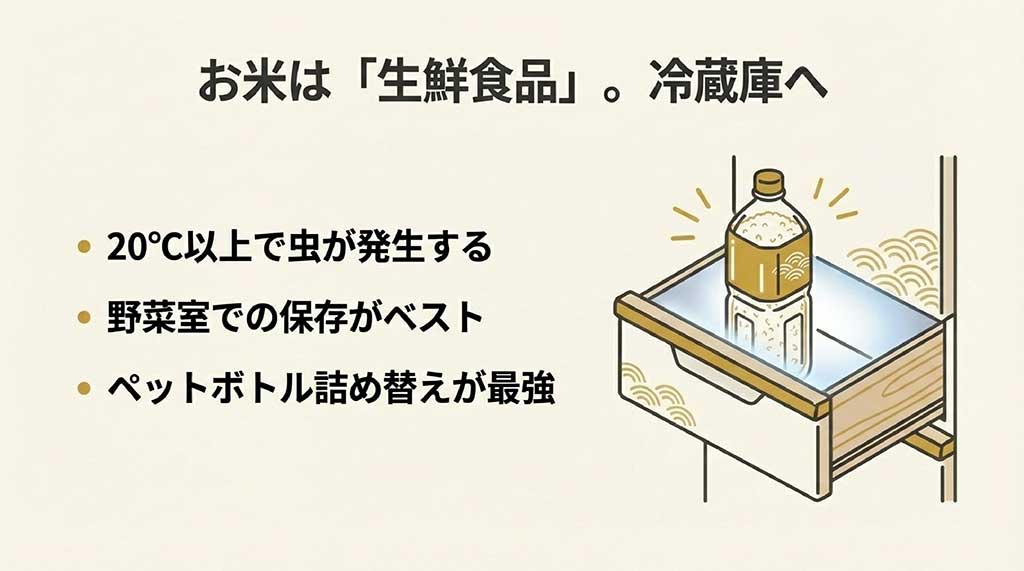 20度以上で虫が発生するため、野菜室での保存やペットボトルへの詰め替えが最適であることを示すイラスト