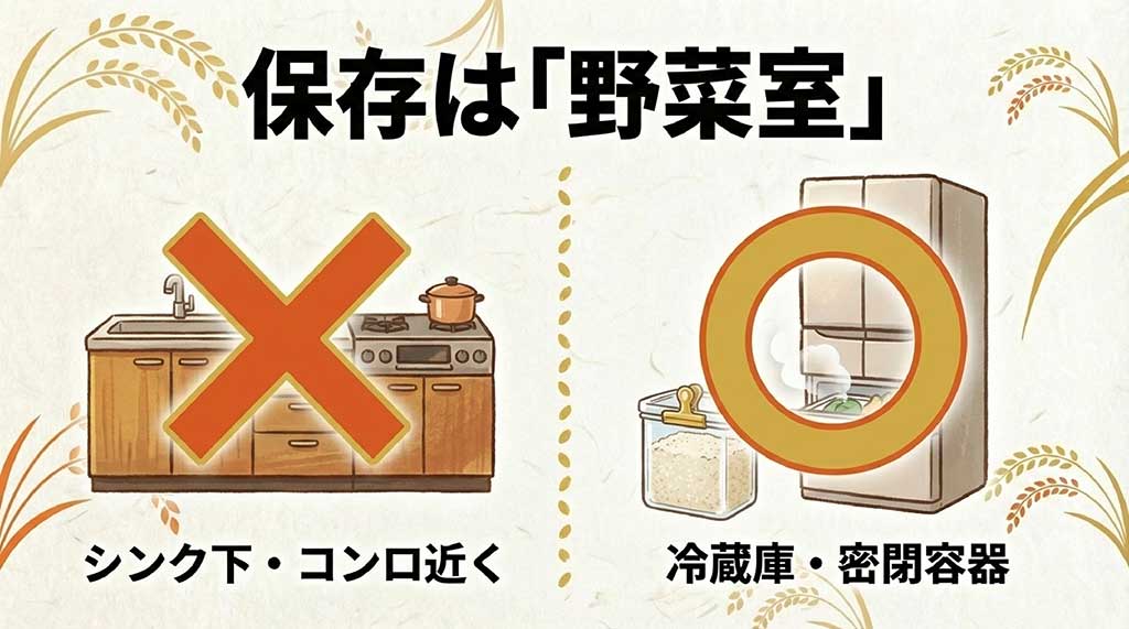 シンク下やコンロ周りは避け、密閉容器に入れて冷蔵庫の野菜室で保存することを推奨するイラスト