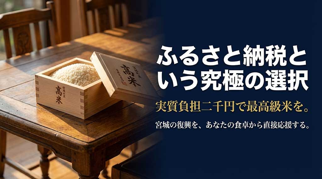 ふるさと納税という究極の選択。実質負担2,000円で最高級米を手に入れ、宮城の復興を直接応援できることを伝えるスライド