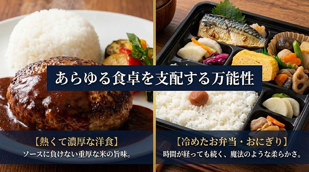 濃厚な洋食に負けない旨味と、冷めても続く魔法のような柔らかさ。洋食、お弁当、おにぎりなど万能な活用シーンの紹介