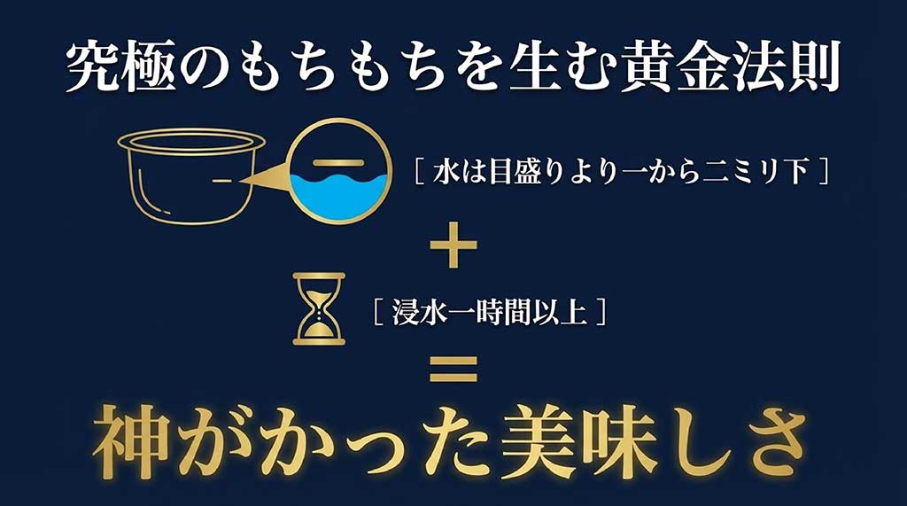 だて正夢を美味しく炊くコツ。水は目盛りより1〜2ミリ下に合わせ、1時間以上浸水させることで神がかった美味しさになる図解
