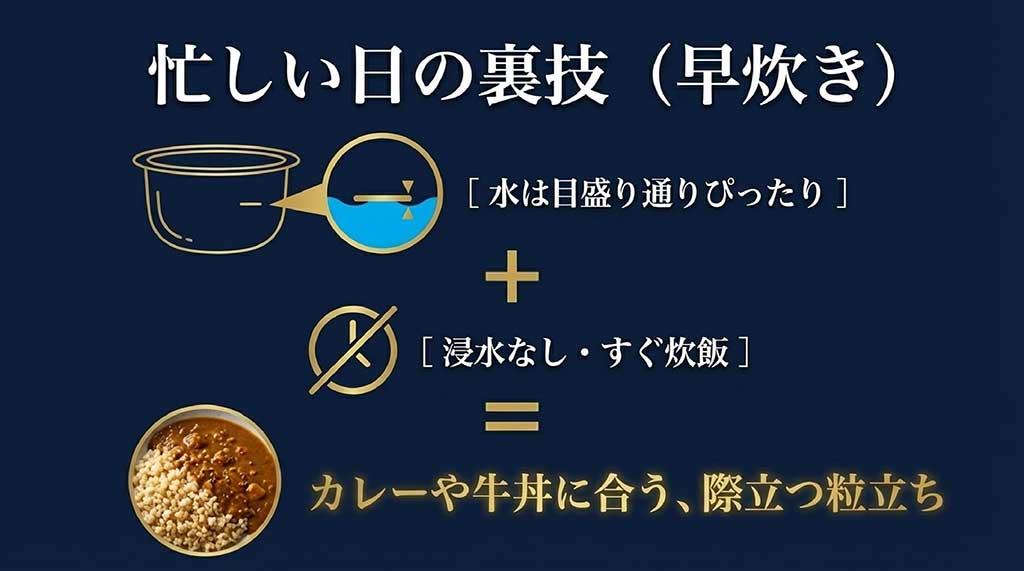 早炊きモードでの炊き方。水は目盛り通り、浸水なしで炊飯。カレーや牛丼に合う粒立ちの良い仕上がりになる解説図