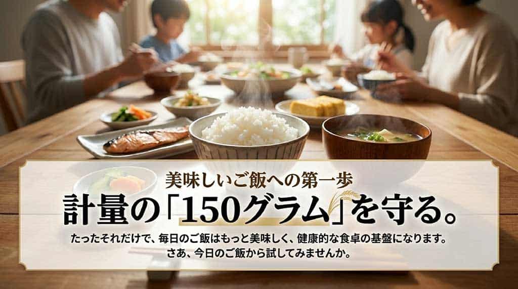 計量の「150グラム」を守ることで、毎日のご飯がもっと美味しく健康的になるという、美味しいご飯への第一歩を促すスライド