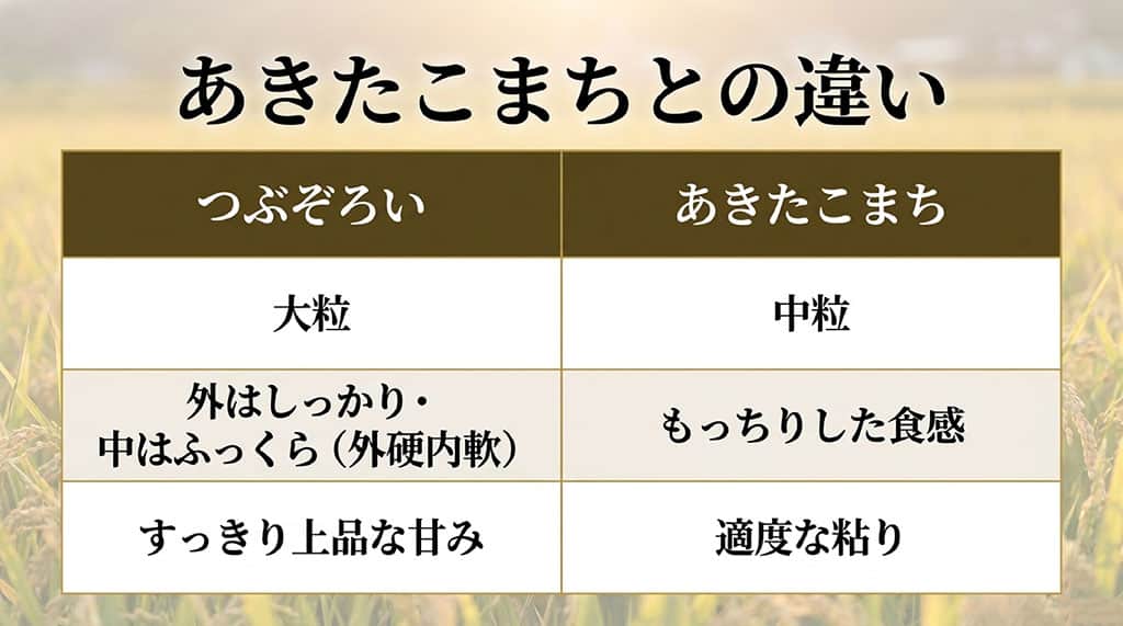 つぶぞろいとあきたこまちの粒の大きさや食感、味の違いを比較した表のスライド